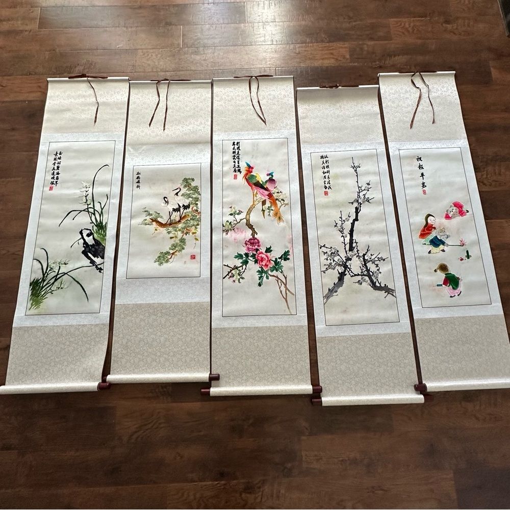 Vintage Chinese Silk Kesi Needlepoint Embroidered Tapestry Scroll 5 Panels Piece